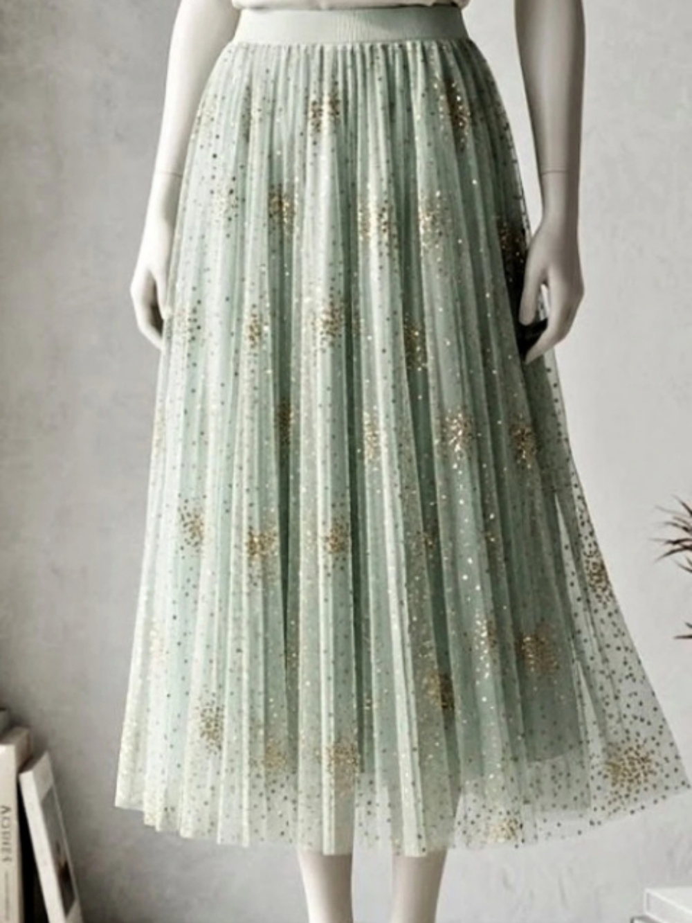 Anthropologie Sydney Shimmer Tulle Midi Skirt Green & Gold (Sz M) Event Chic